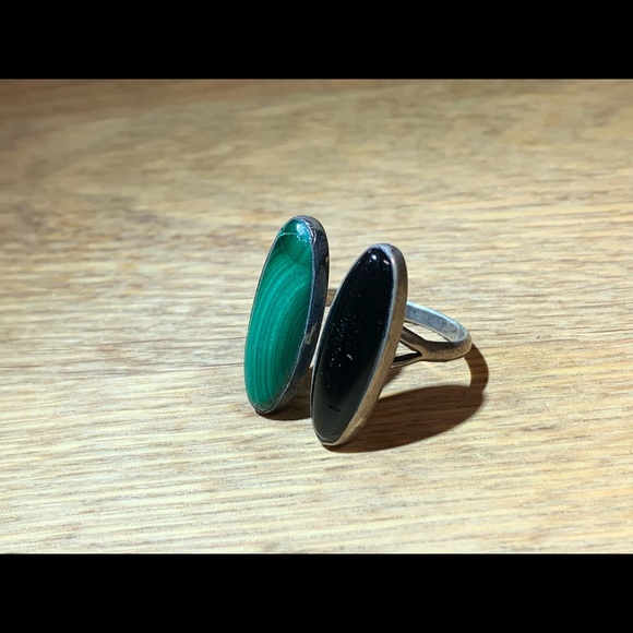 Sterling silver, malachite, obsidian ring - Picture 2 of 11